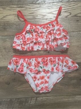 Tommy Bahama Girls 7 Two Piece Bikini Pink Roses Floral Ruffles